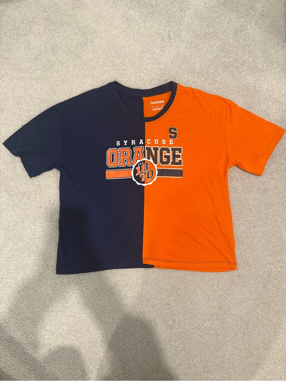 Syracuse Split Navy & Orange Crop Tee